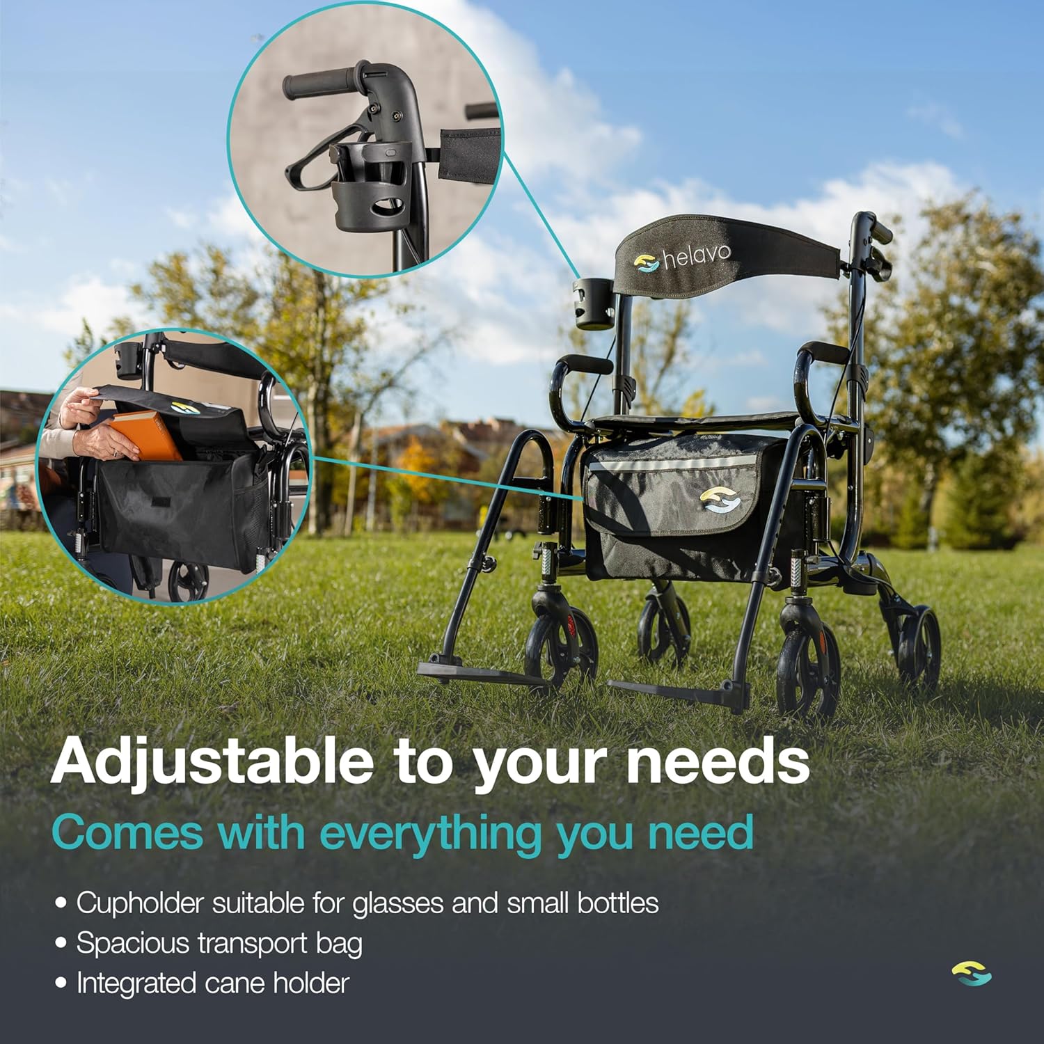 Helavo 2-in-1 Folding Aluminum Walker Wheelchair Combo with Footrests, 300 lb

