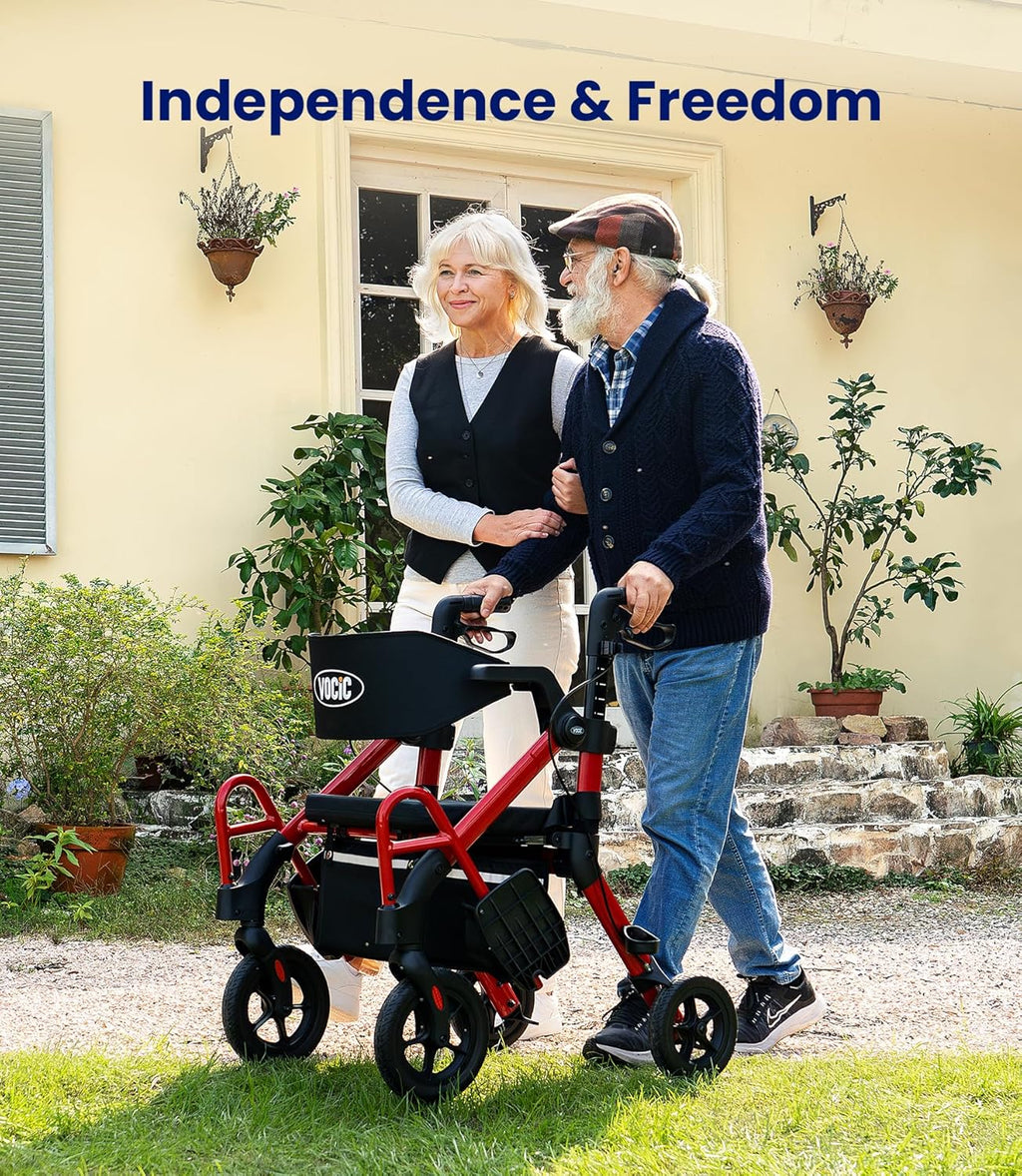 VOCIC 2-in-1 Walker Transport Wheelchair Rollator with Seat, Brakes, All-Terrain Wheels

