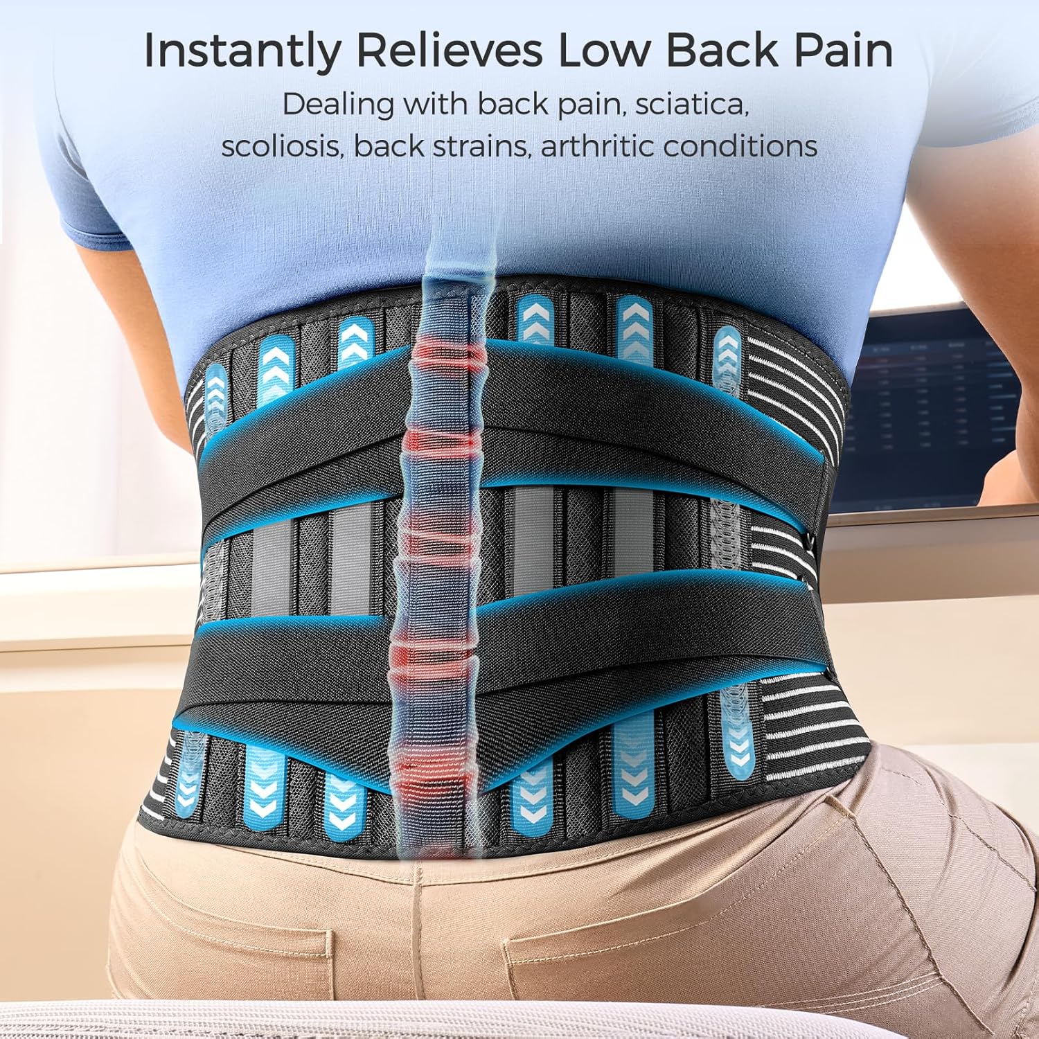Freetoo Lower Back Support Belt with 6 Stays, Breathable Anti-Skid Brace

