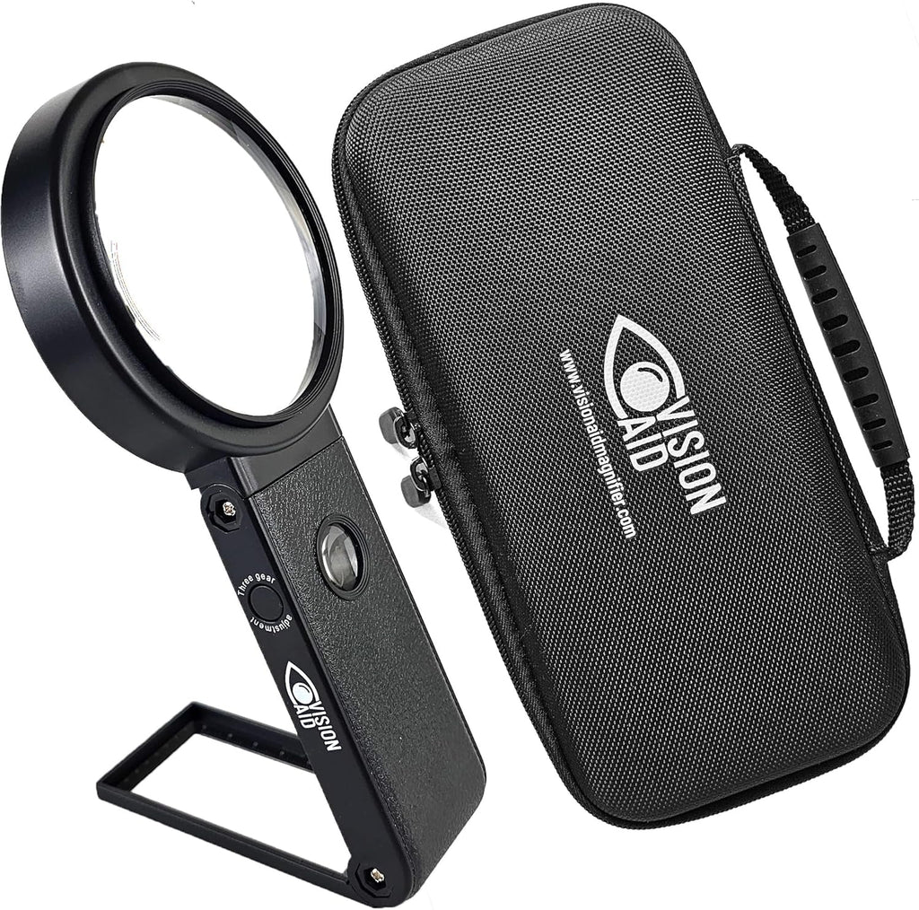Hands-free magnifying glass with stand and illumination for reading and crafts

