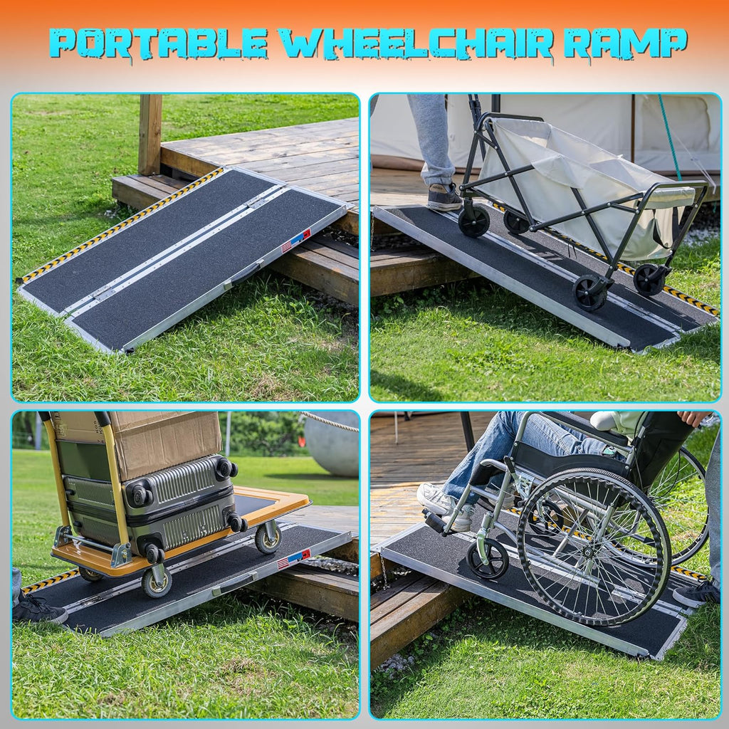 WHALEMOTOR Portable Wheelchair Ramp Anti-Slip Aluminum Folding Ramp with Transition Plates

