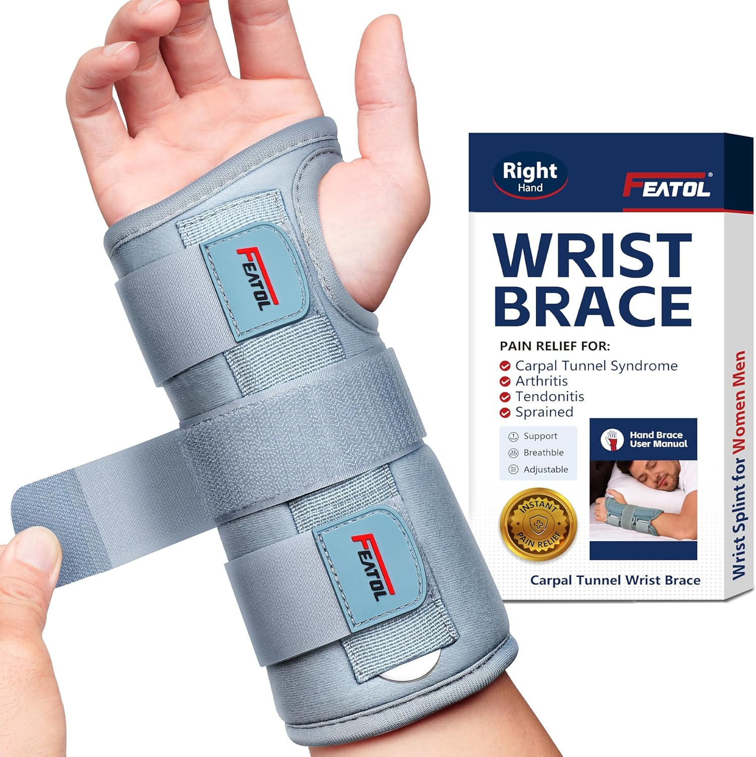 FEATOL Wrist Brace Carpal Tunnel Adjustable Night Support with Removable Splints


