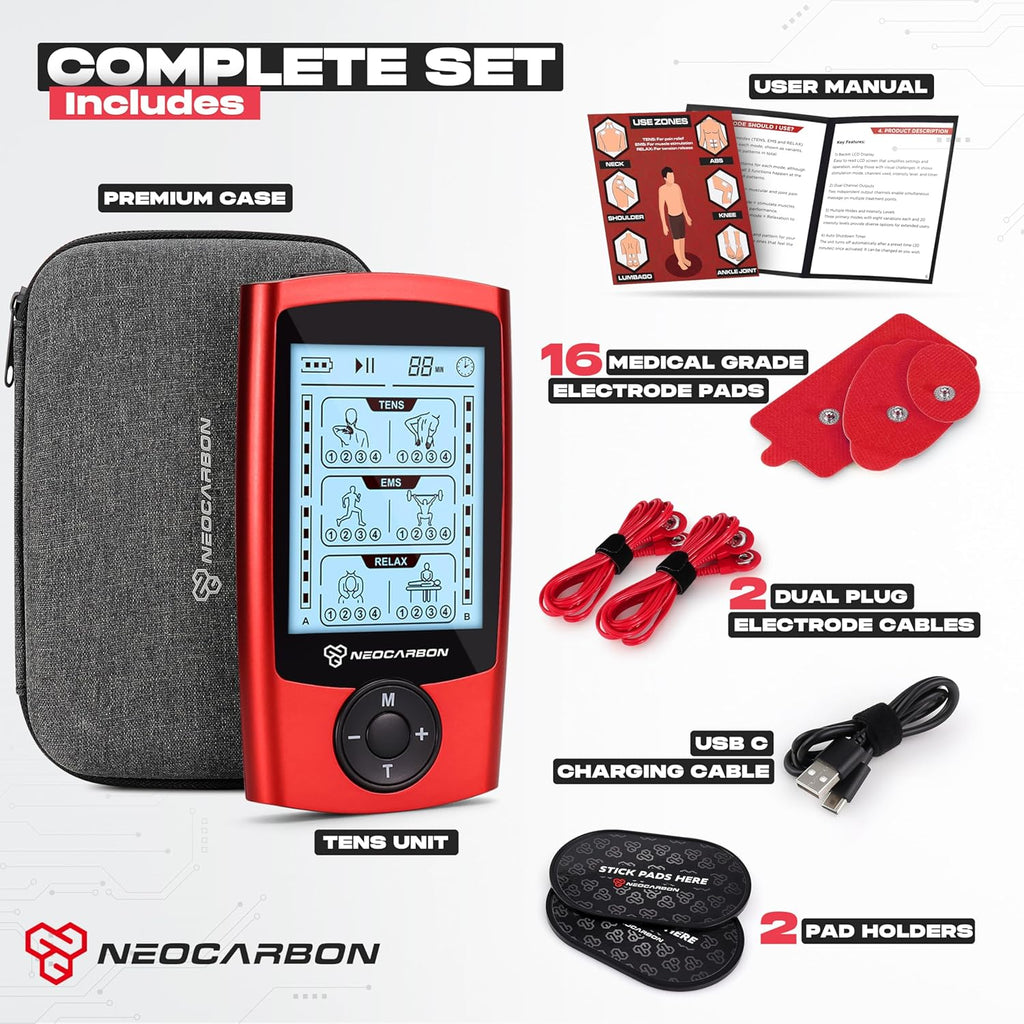 NEOCARBON TENS EMS Muscle Stimulator Device with Electrode Pads, Rechargeable

