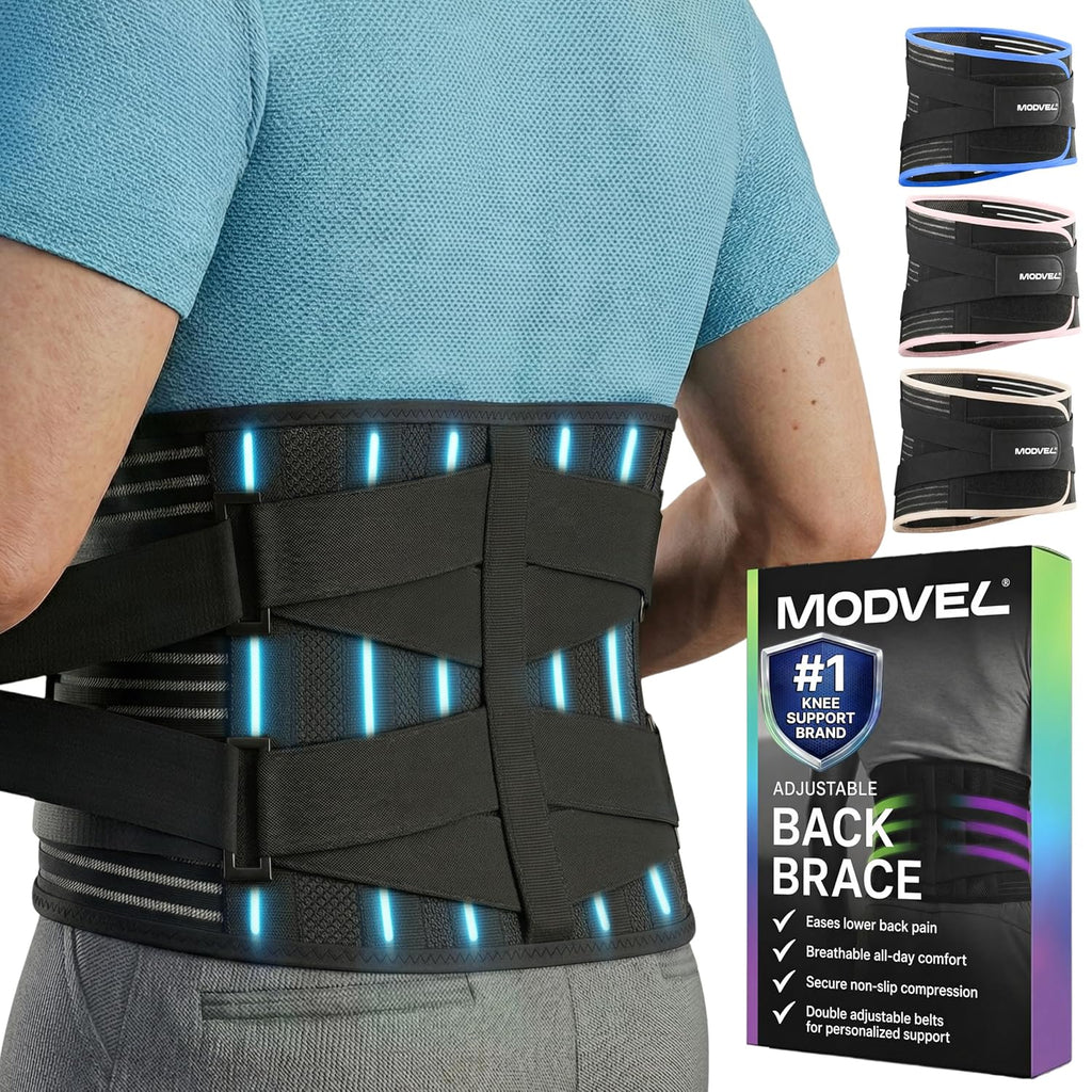 Modvel Lumbar Back Brace with 6 Stays Adjustable Breathable Mesh for Lower Back Pain

