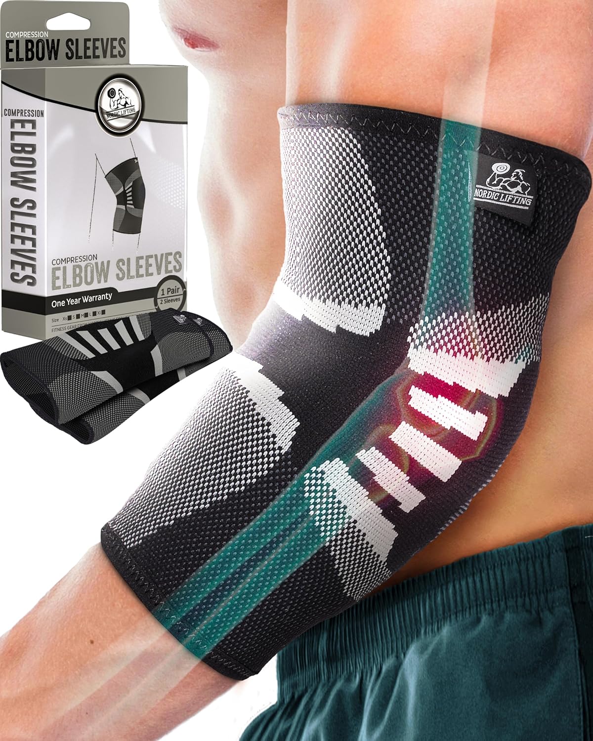 Nordic Lifting Elbow Compression Sleeves - Tendonitis & Golfers Elbow Brace, 1 Pair

