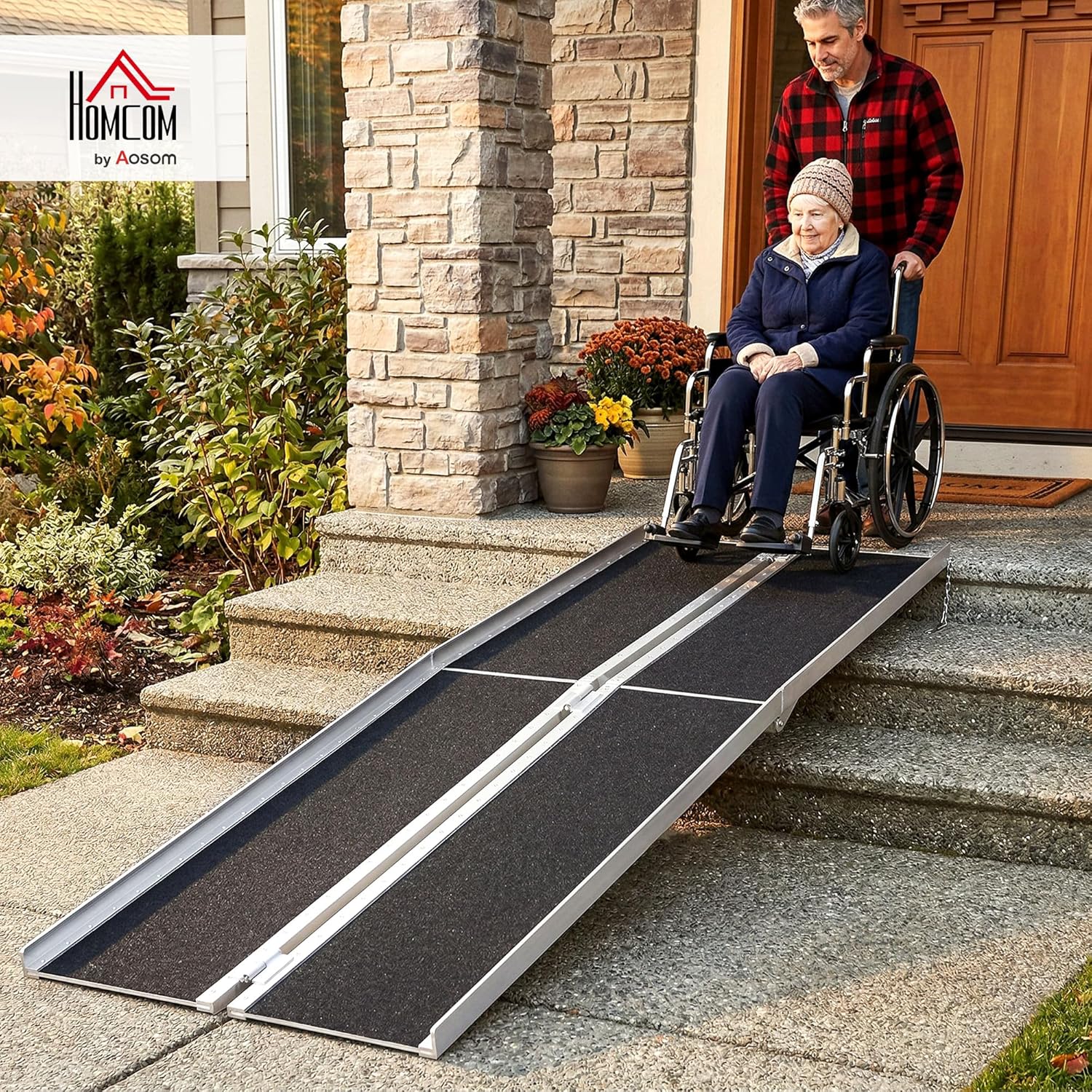 HOMCOM Wheelchair Ramp Folding Aluminum Threshold Ramp Non-Slip Carpet Transition Plate

