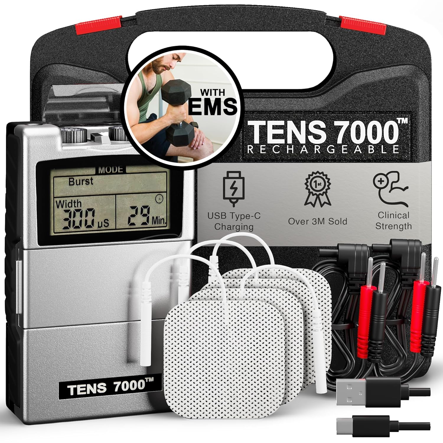TENS 7000 Rechargeable TENS EMS Muscle Stimulator for Back Pain Relief


