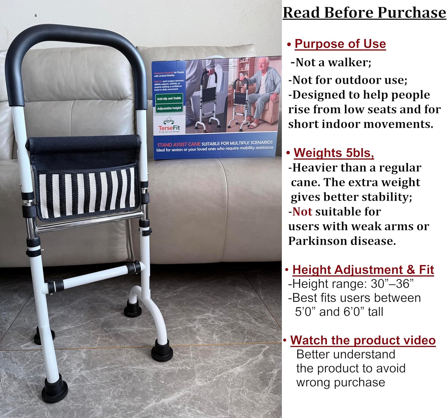 Adjustable Stand Assist Cane with 4-Point Base, 350 lb Capacity, Mobility Aid

