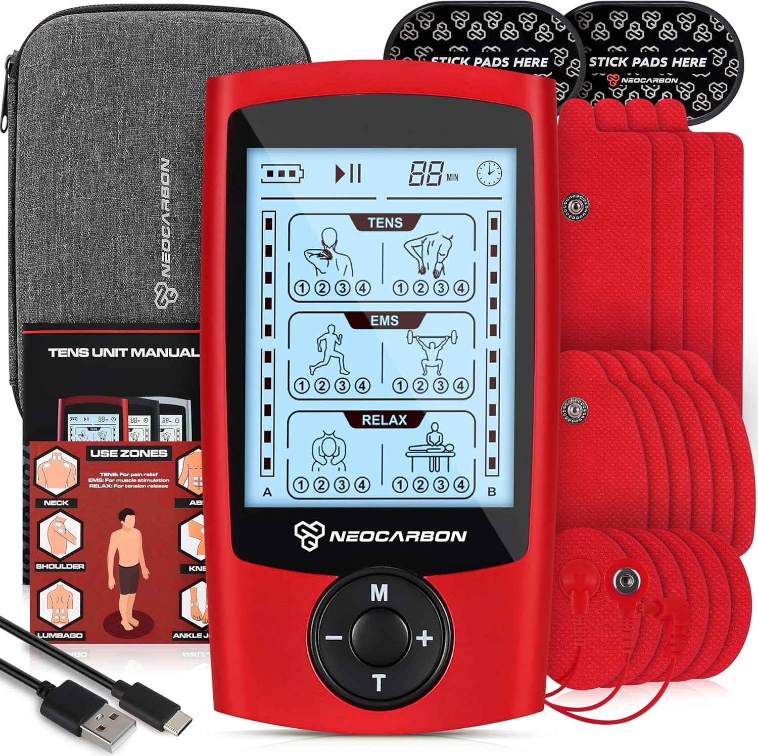 NEOCARBON TENS EMS Muscle Stimulator Device with Electrode Pads, Rechargeable

