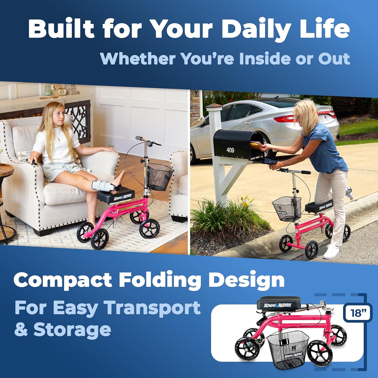 KneeRover Steerable Knee Scooter, Foldable Knee Walker with Basket and Brake

