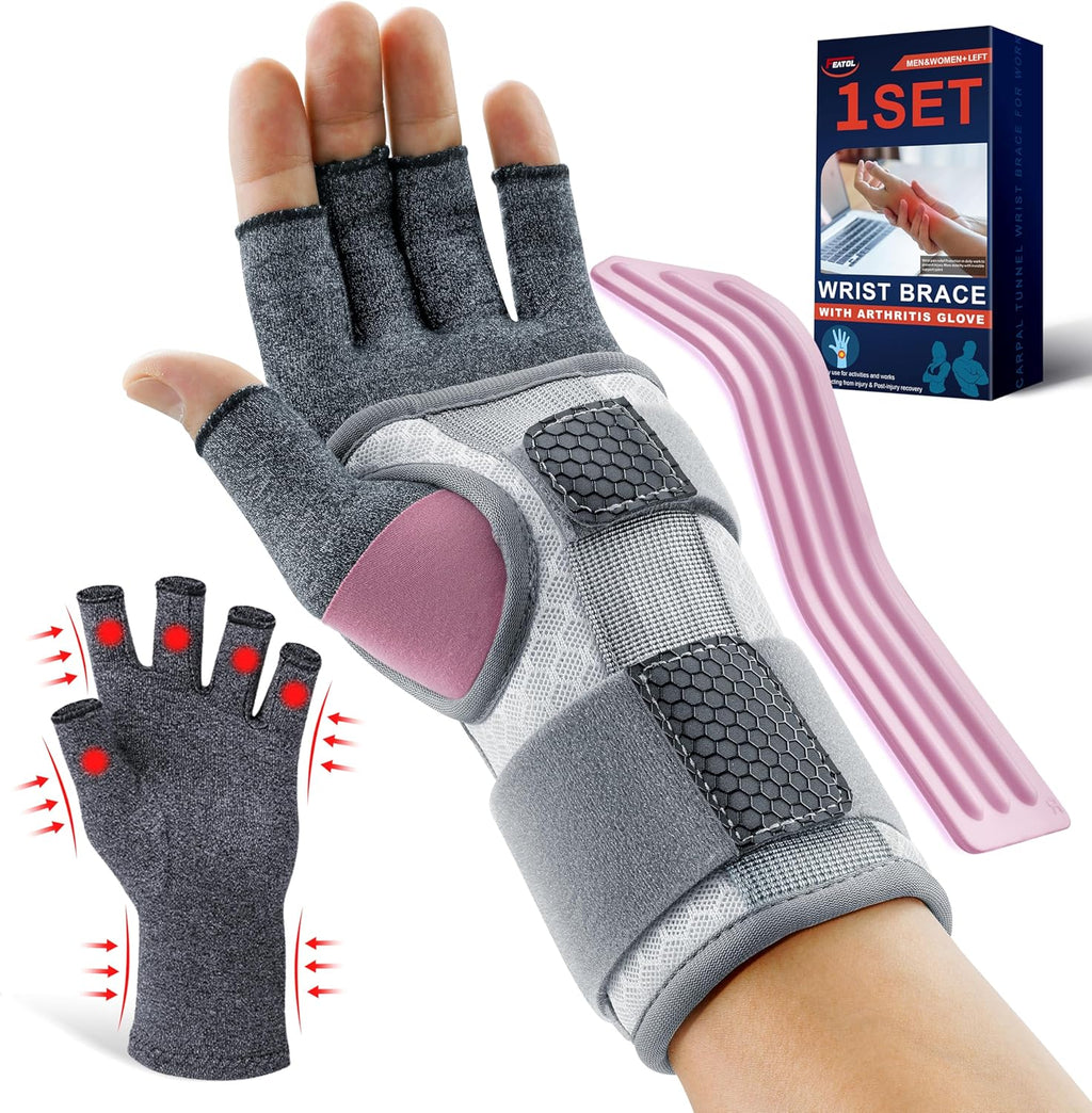 FEATOL Arthritis Compression Glove Wrist Brace Set, Fingerless Support for Women

